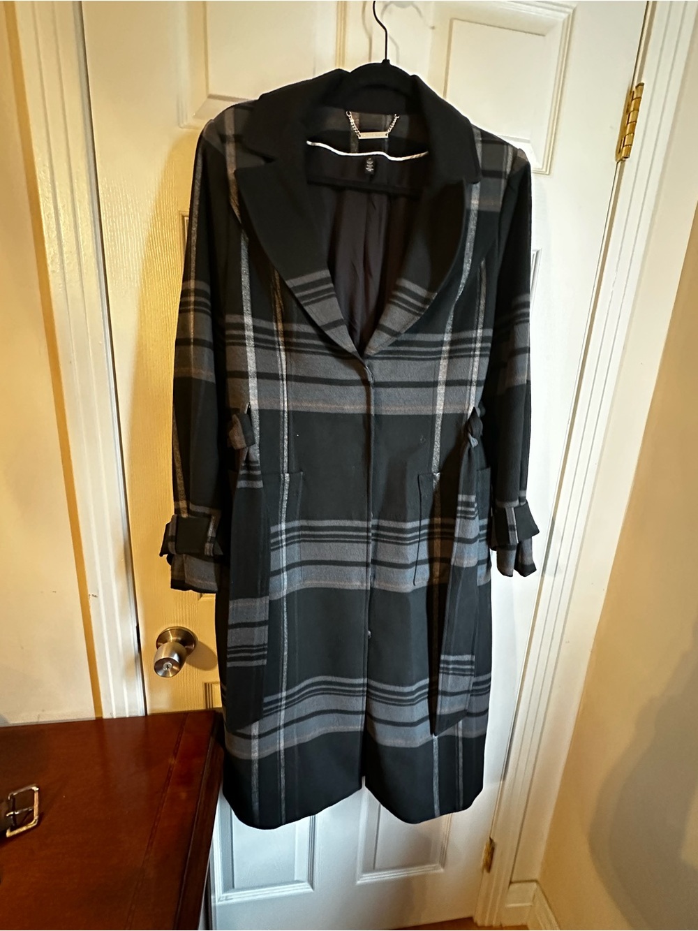 White House Black Market Black and Gray Plaid Trench Coat